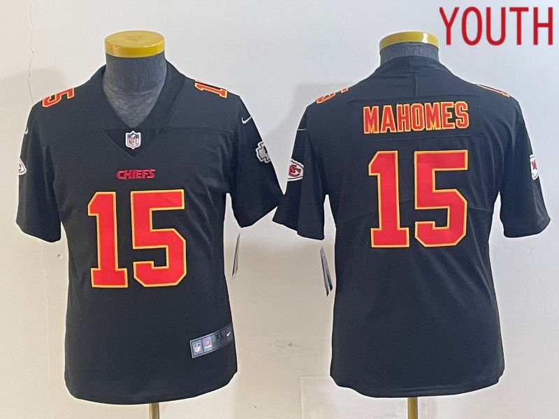 Youth Kansas City Chiefs #15 Mahomes Black gold 2024 Nike Vapor Limited NFL Jersey style 1